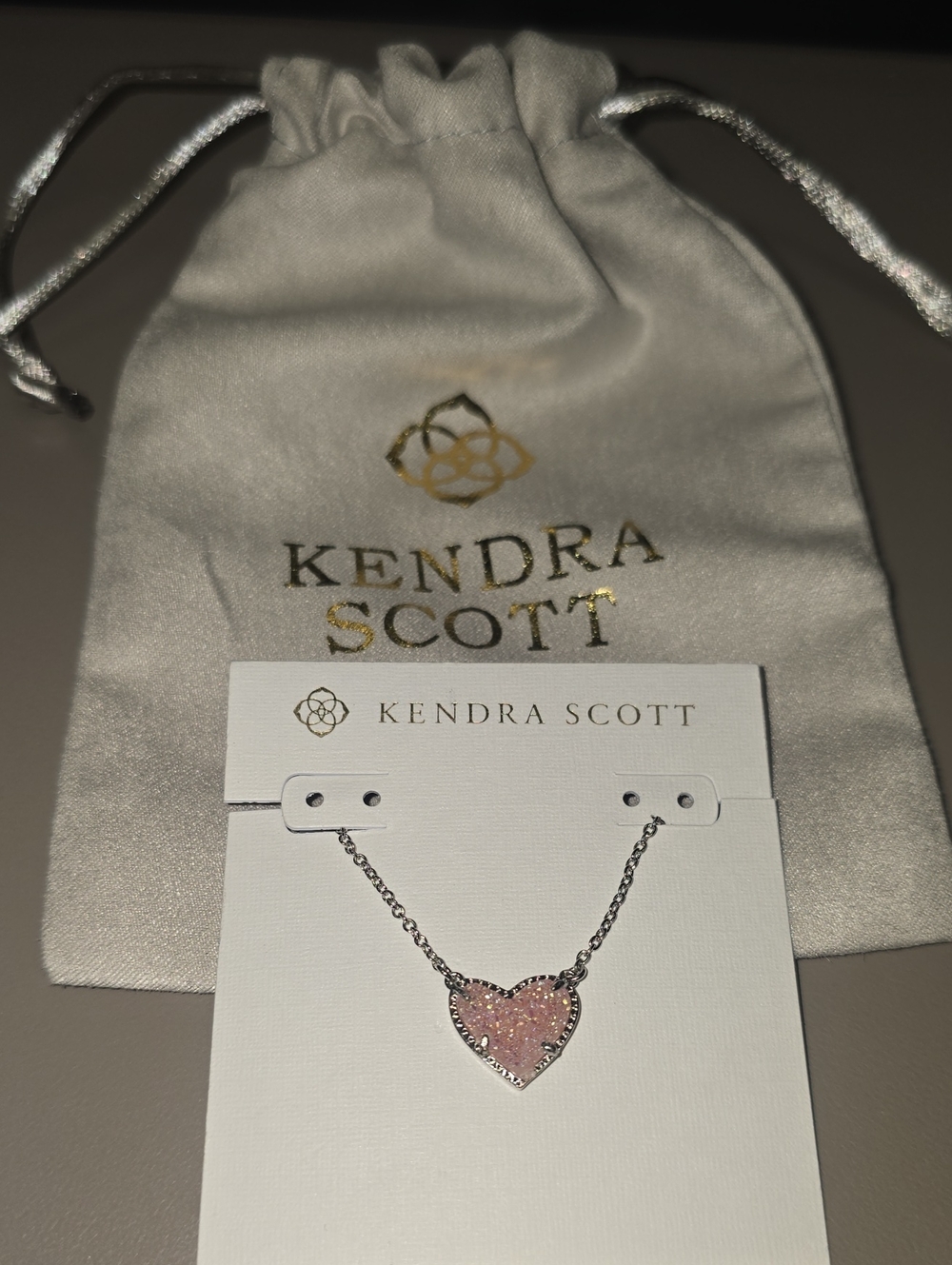 Kendra Scott Ari Heart Pendant Necklace Silver Pink Drusy-Brand New with Dust💕
